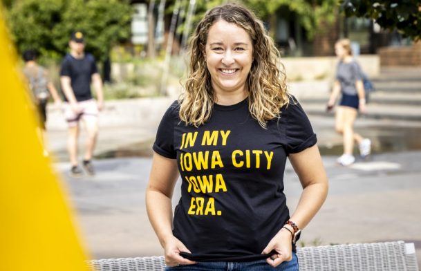 Monica Nieves Hirsch wears a black In my Iowa City Era. shirt for a Shop Think Iowa City merchandise photo shoot, Friday, Sept. 13, 2024, in Iowa City, Iowa. MANDATORY CREDIT: Joseph Cress/Think Iowa City